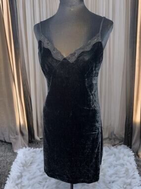 Black Velvet Chemise Slip Dress Nightgown Lace Trim Adjustable Straps L 12/14